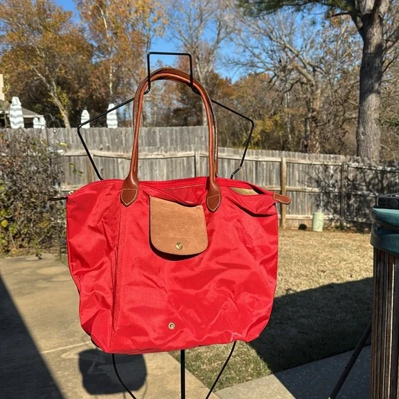 Longchamp Red Orange Le Pliage Large Tote Leather Trim - Picture 6 of 11